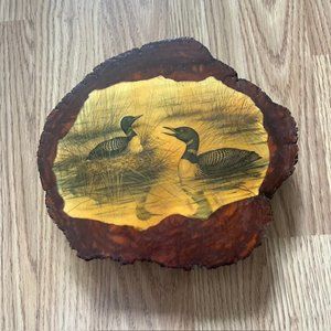 varnished vintage log wood wall plaque two birds thick
